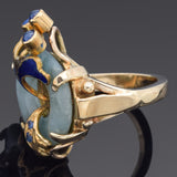 Vintage Green Jade & Sapphire Enamel 18K Yellow Gold Cocktail Ring Size 4.25