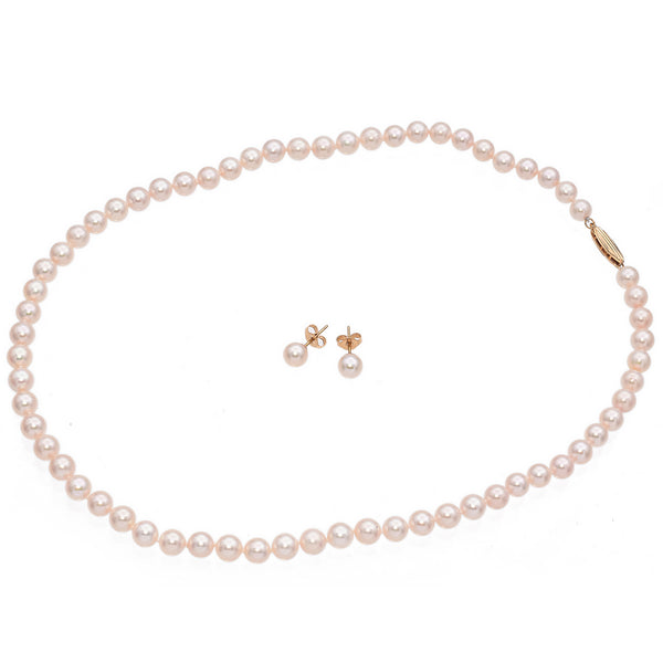 14K Yellow Gold Pearl Beaded Strand Necklace & Stud Earrings Set