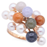 Ming's 14K Yellow Gold Multi-Color Jade & Pearl Cluster Cocktail Ring Size 6