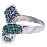 Estate 14K White Gold Sapphire, Emerald & Diamond Bypass Cocktail Ring Size 8.25