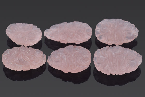 Lot of 6 Vintage Pink Rose Quartz Floral Carved Pendants