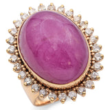 14K Yellow Gold 49.68 Ct. Pink Sapphire Cabochon Diamond Halo Cocktail Ring