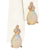 Vintage 14K Yellow Gold Tear Drop Opal and Accent Cluster Diamond Stud Earrings