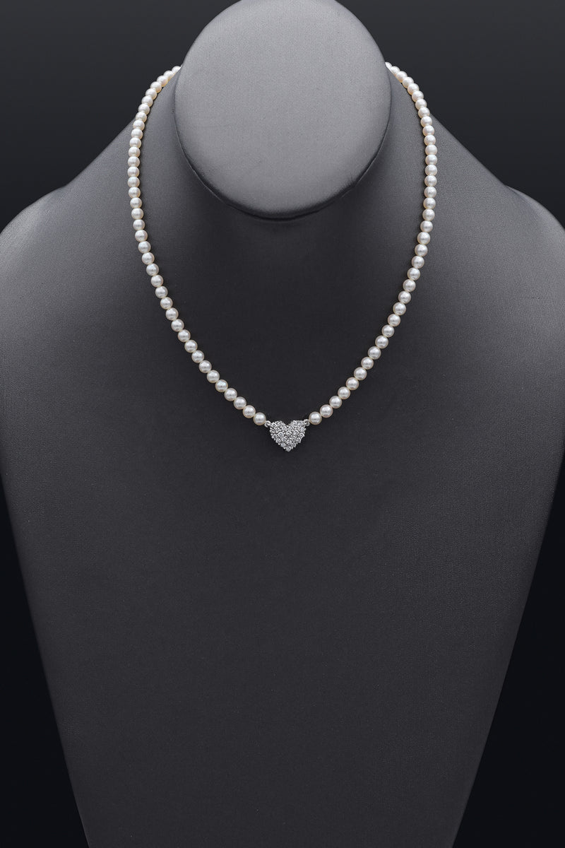 Vintage 14K White Gold Pearl & 0.52 TCW Diamond Heart Beaded Strand Necklace