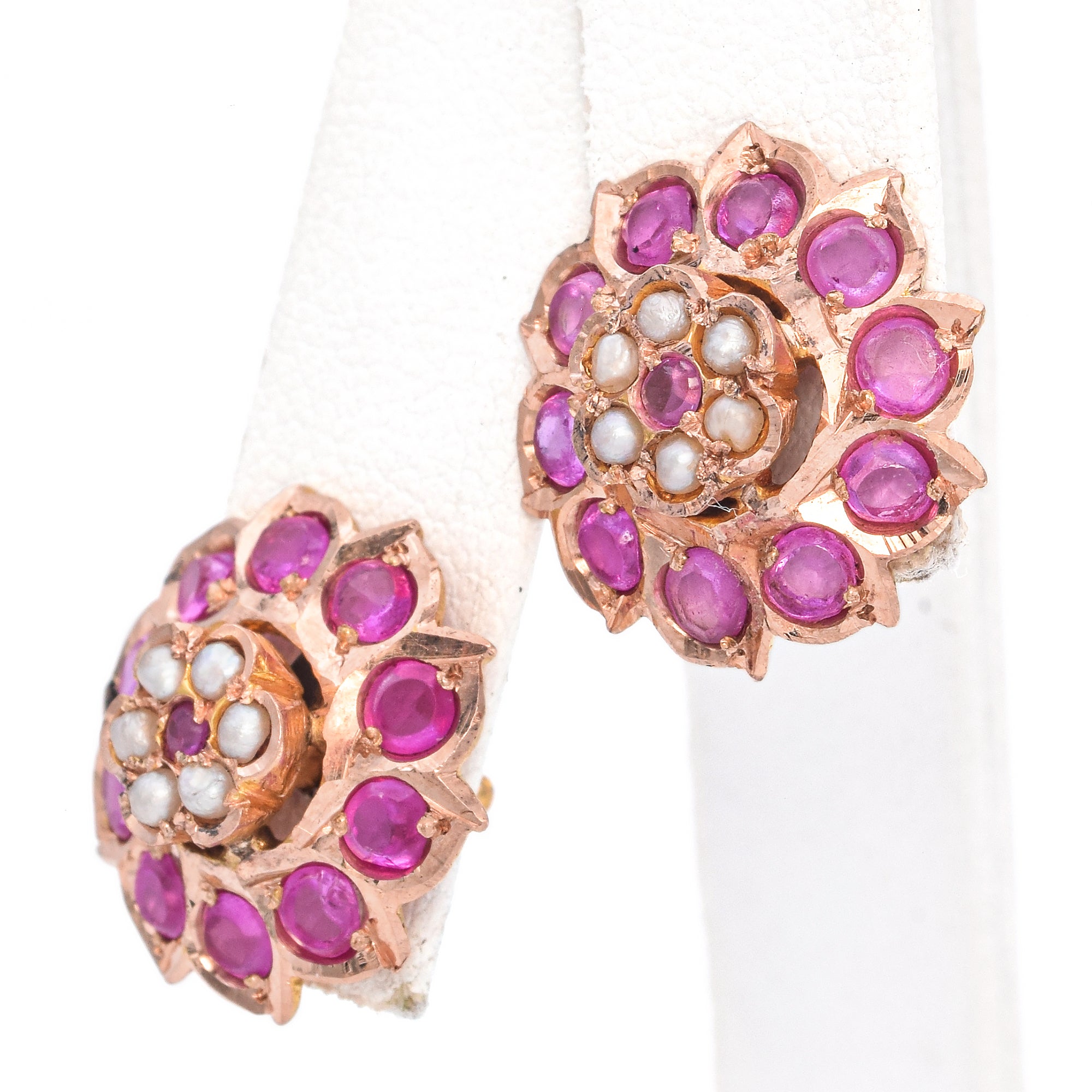 15K Yellow Gold 0.71 TCW Pink Ruby and Pearl Flower Stud Earrings