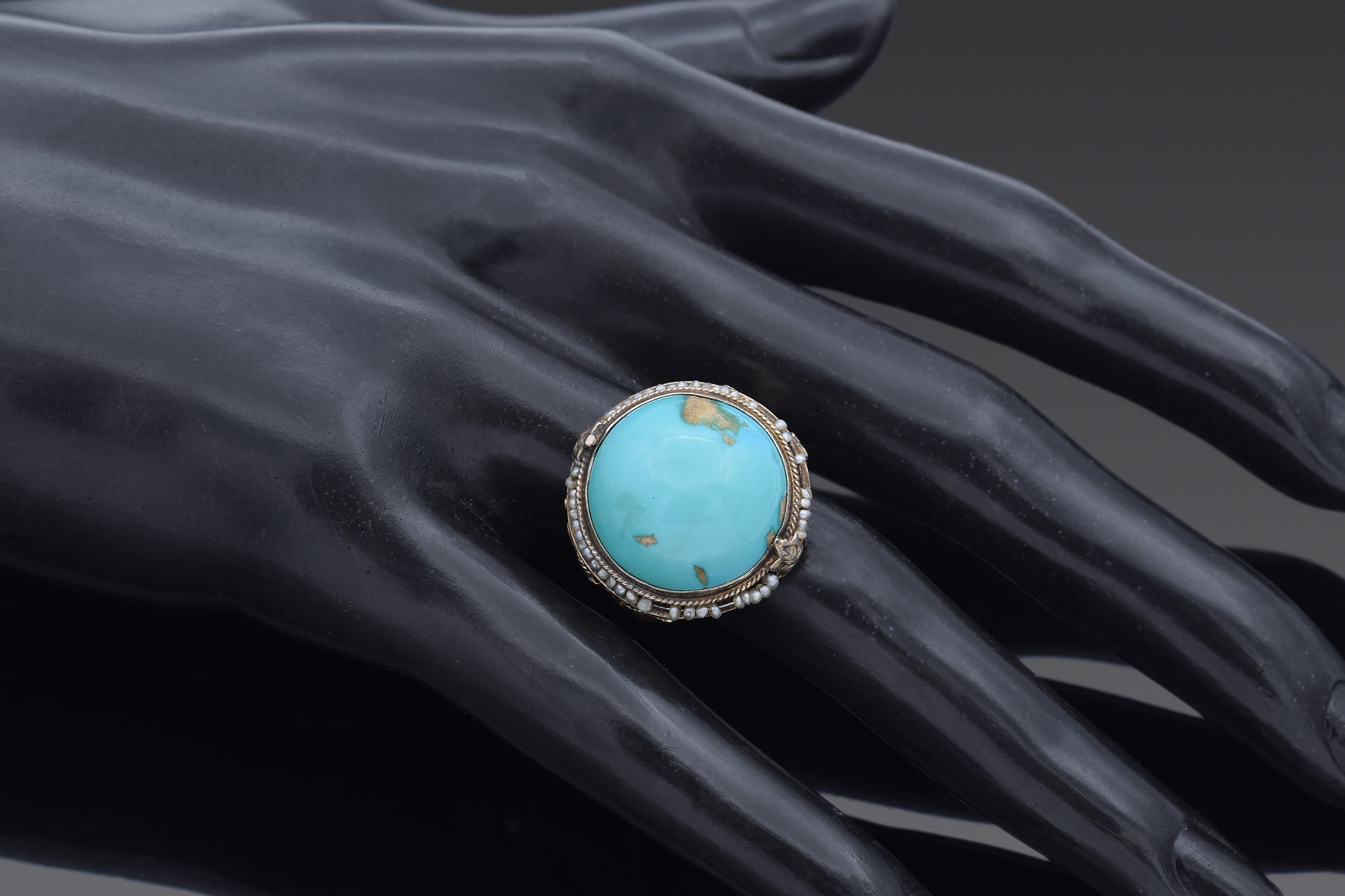 Antique Silver Turquoise & Seed Pearl Round Cocktail Ring Size 5