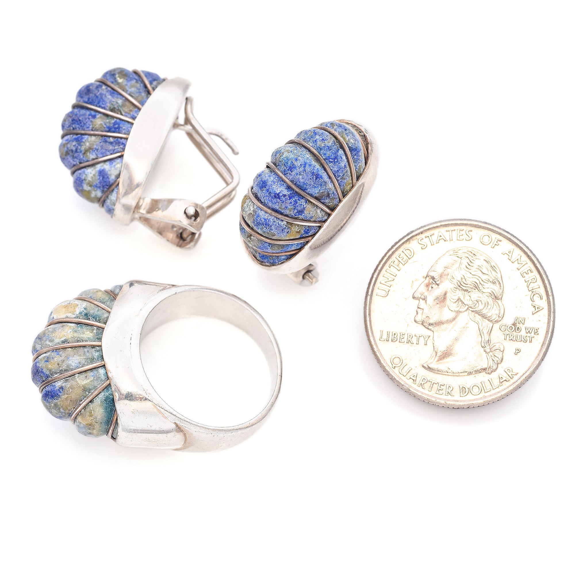 Vintage Cerro Blanco Mexico Sterling Silver Sodalite Groove Ring & Earrings Set