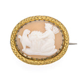 Antique Gold Plated Cameo Psyche Presenting Flowers to Lion Brooch