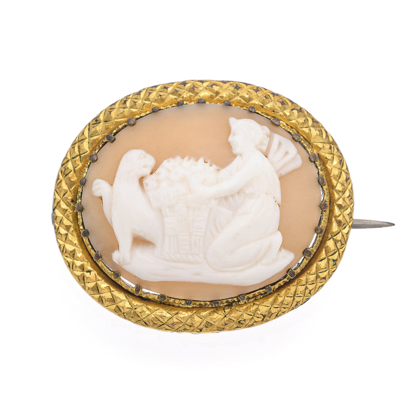 Antique Gold Plated Cameo Psyche Presenting Flowers to Lion Brooch