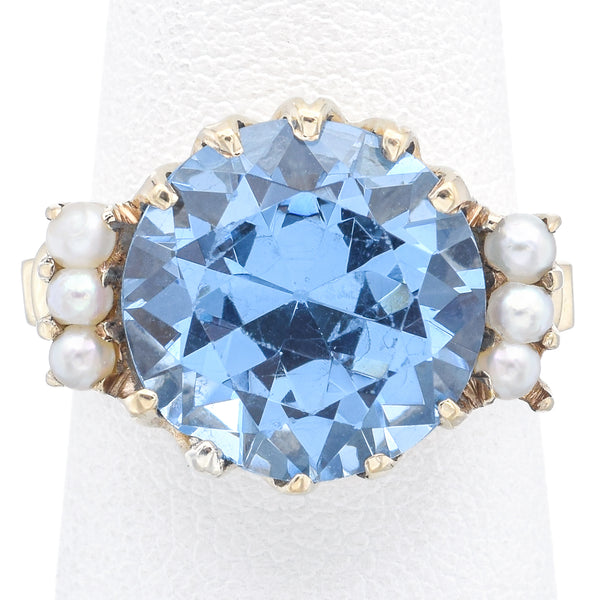 Vintage 10K Yellow Gold 7.77 Ct Blue Topaz & Pearl Cocktail Ring Size 5