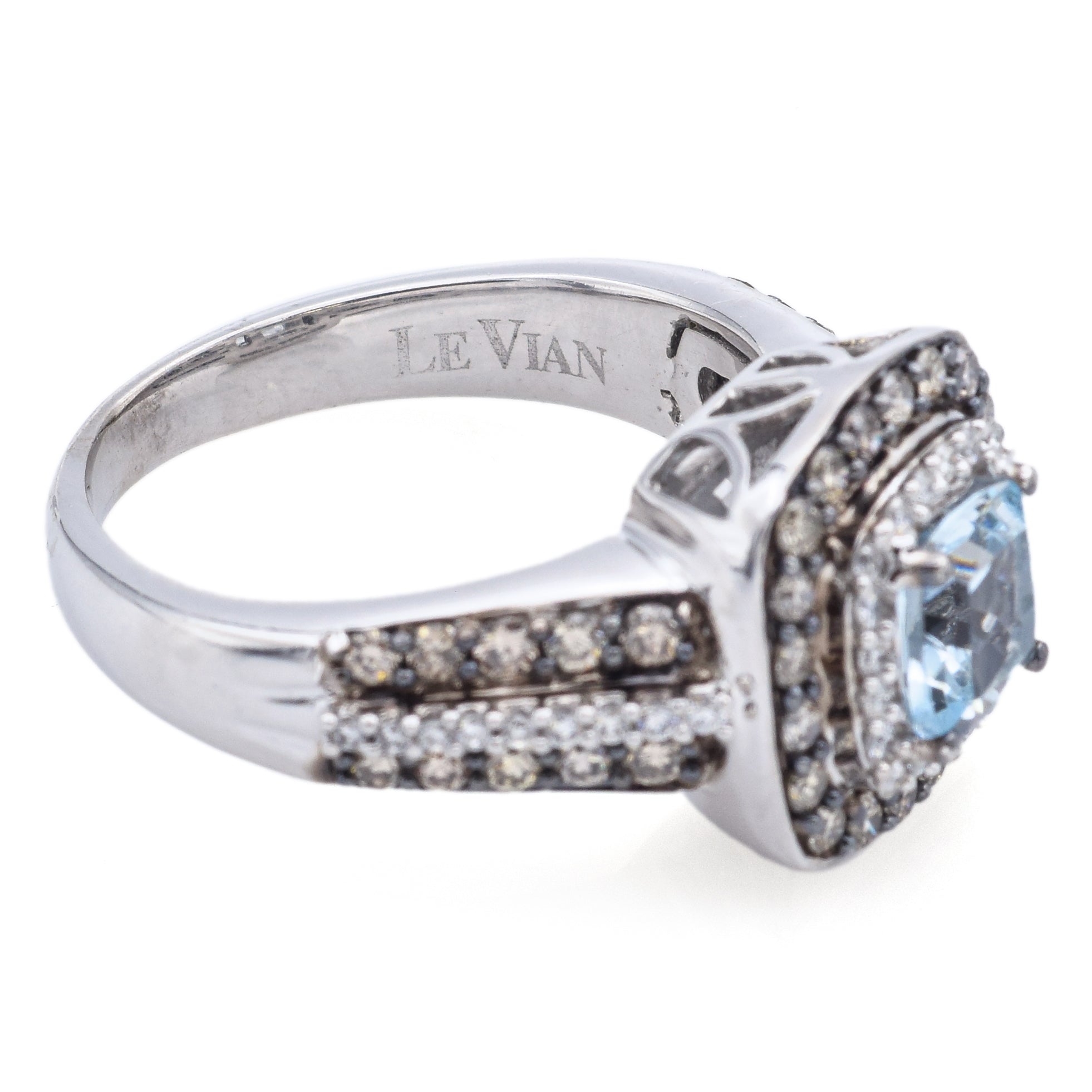 LeVian 14K White Gold Aquamarine Chocolate & White 0.95 TCW Diamond Ring Size 7