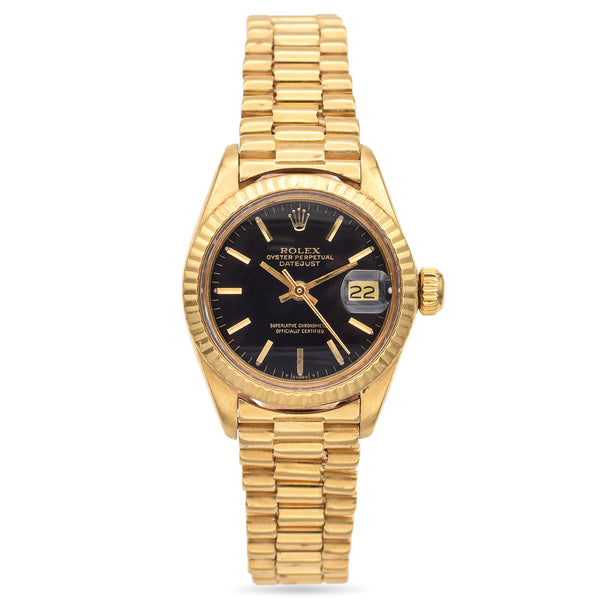 Rolex President Datejust 18K Yellow Gold Black Dial Ladies Watch Ref 6917