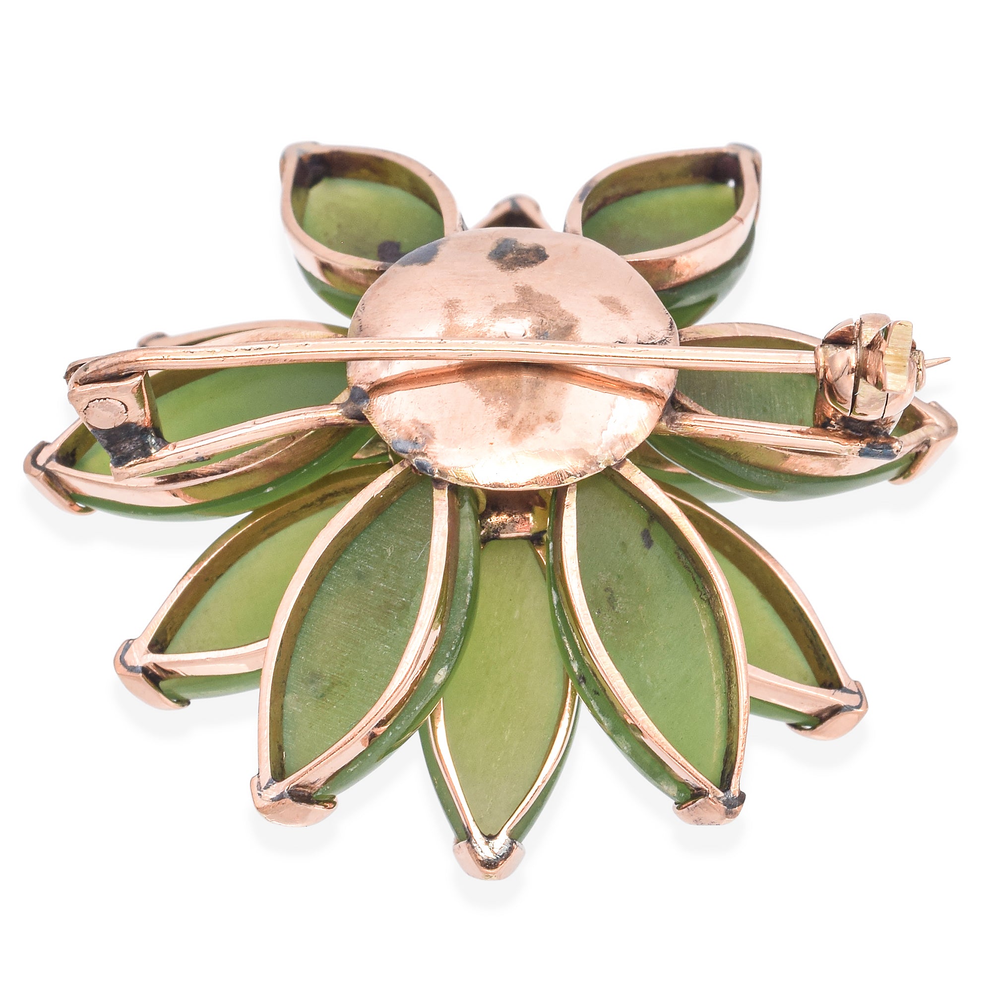 Vintage Yellow Gold Green Jade and Pearl Flower Brooch