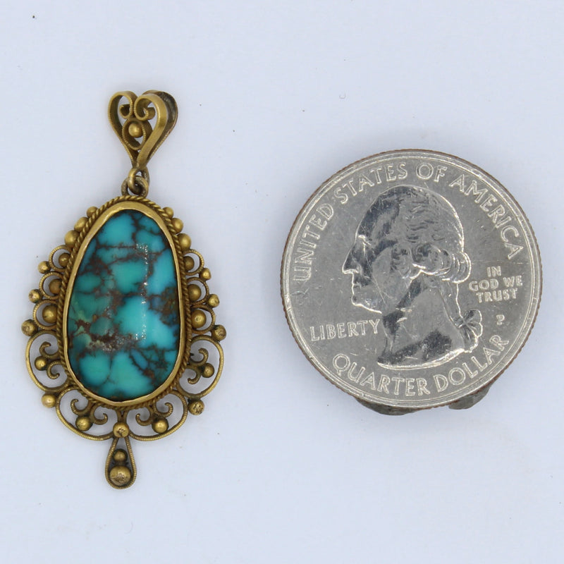 Vintage Matrix Turquoise Pendant with Filigree Work in 14K Gold