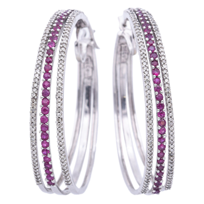 Estate 10K White Gold Ruby & 1.00 TCW Diamond Hoop Earrings 43 mm