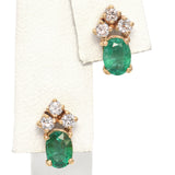 14K Yellow Gold 0.72 TCW Oval Emerald and Cluster Diamond Stud Earrings