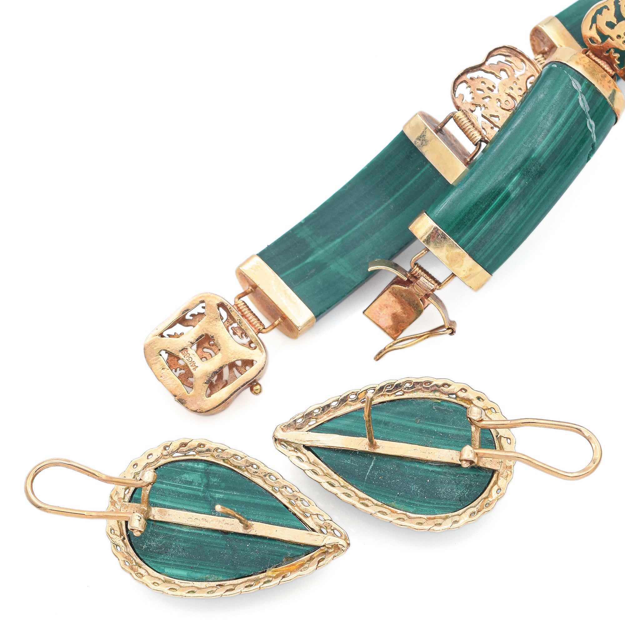 Vintage Malachite 8K Gold Necklace, Earrings & 14K Gold Bracelet Set