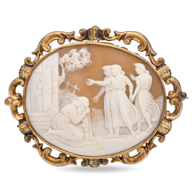 Antique Yellow Gold Cameo 3 Graces Admonishment Wife Watching Husband Brooch