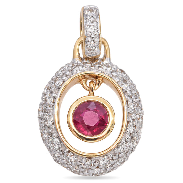 14K Yellow and White Gold Pavé Diamond & Hanging Bezel Set Ruby Oval Pendant