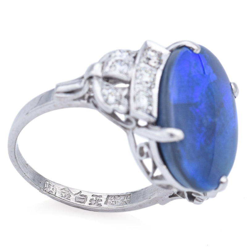 Antique 正白金 Platinum 6.34 Ct Black Opal & 0.36 TCW Diamond Cocktail Ring Size 6