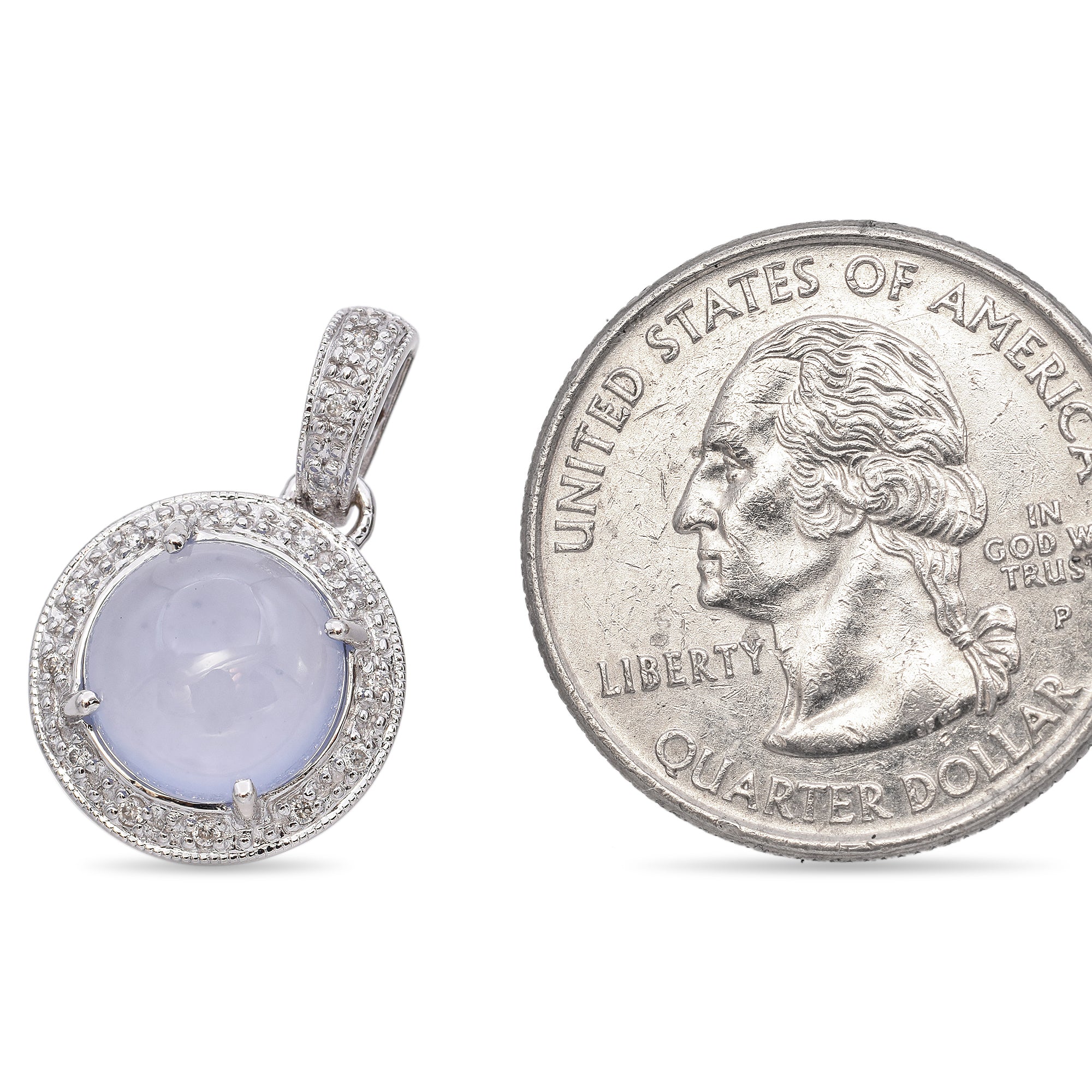 Vintage 14K White Gold Chalcedony & Pave Diamond Pendant