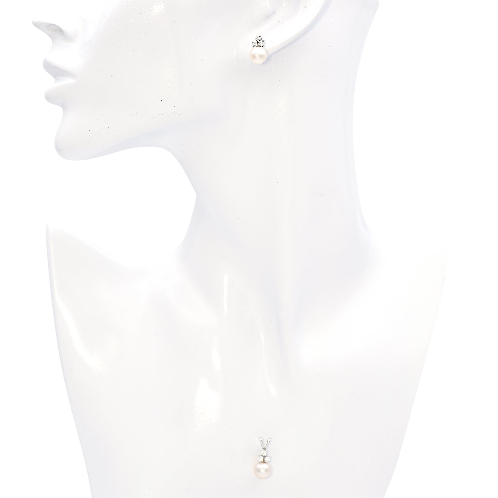 14K White Gold Pearl and Cluster Diamond Earring Set