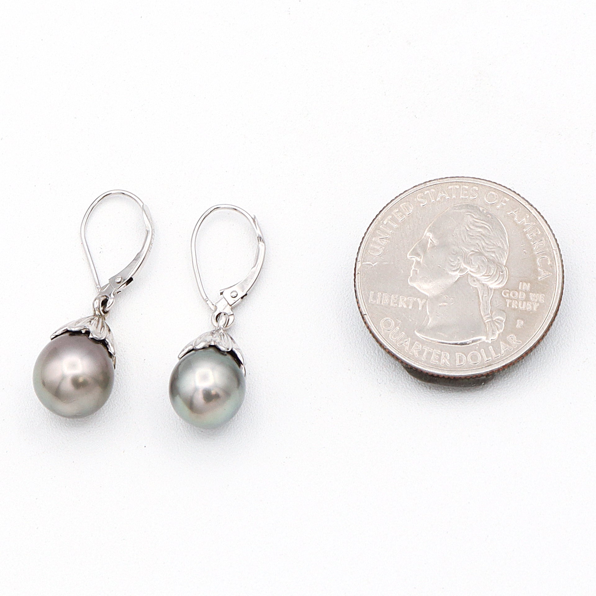 14K White Gold Tahitian Pearl Lever Back Dangle Earrings