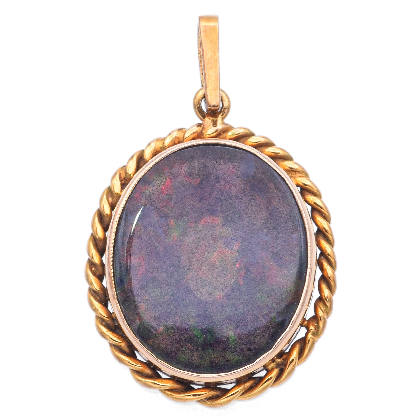 Vintage 10K Yellow Gold Black Opal Oval Cable Bezel Pendant