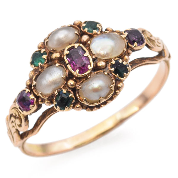 Antique 16K Yellow Gold Pearl, Ruby, Emerald & Sapphire Band Ring Size 6.5