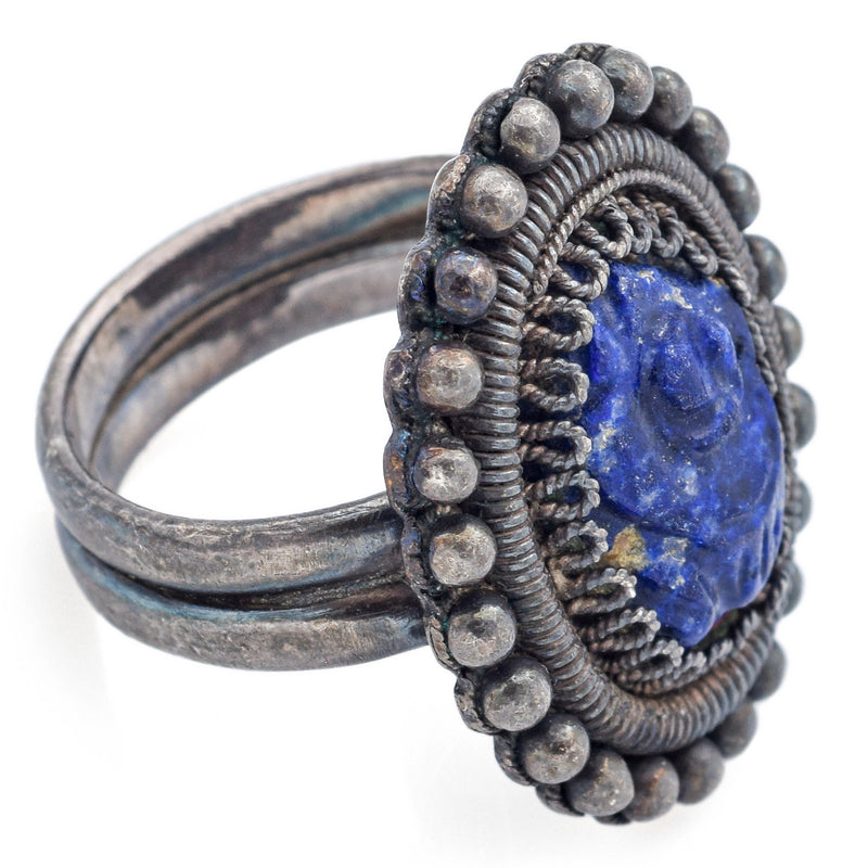 Vintage Chinese Silver Carved Lapis Cocktail Ring Size 6.25