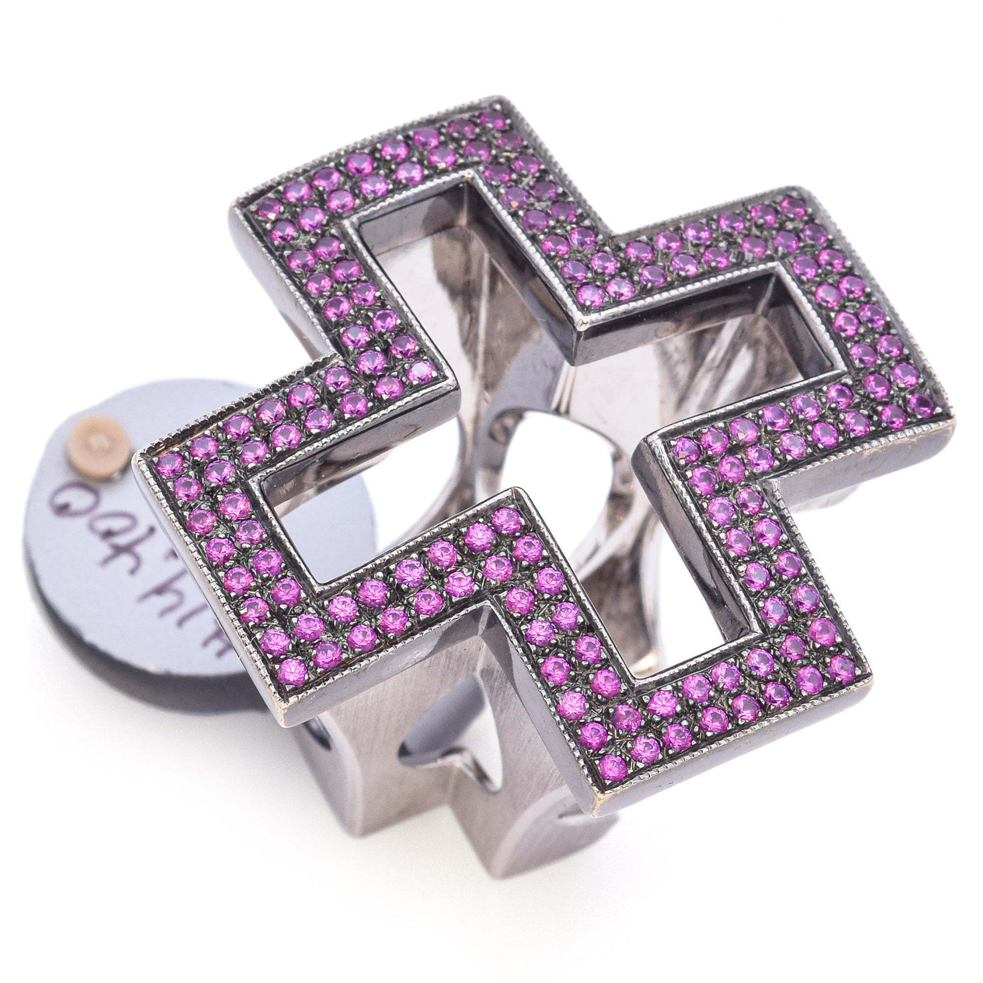 Acacia 18K White Gold 5.00 TCW Pink Sapphire Cross Ring Size 6 with Box, Pouch