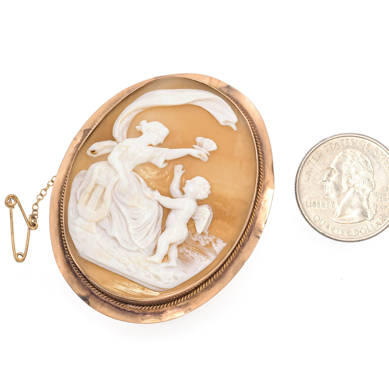 Antique 9K Rose Gold Cameo Muse with Lyre Holding Butterfly Brooch