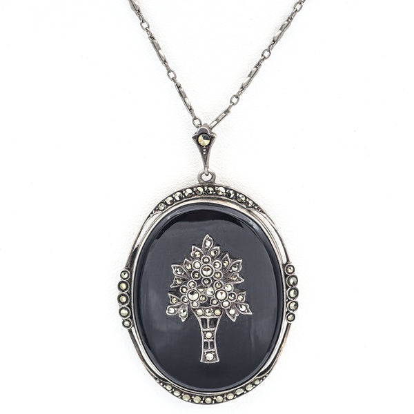 Antique Sterling Silver Black Onyx & Marcasite Mourning Locket Pendant Necklace