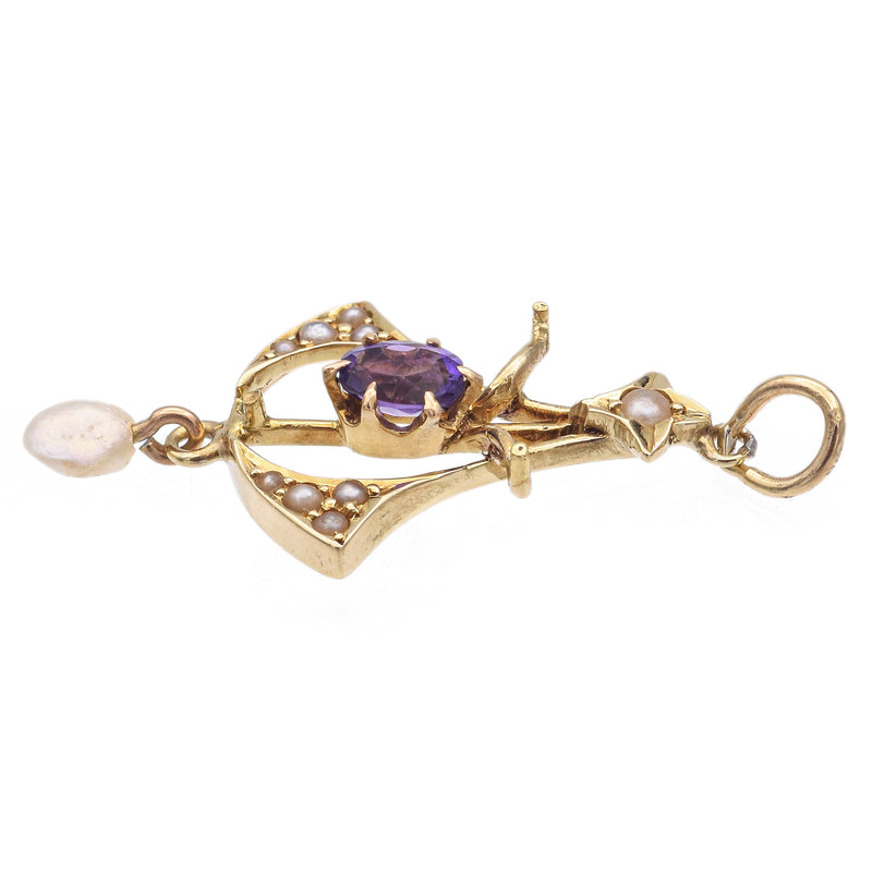 Antique Abstract Girl 14K Yellow Gold Amethyst & Pearl Pendant