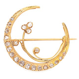 Antique 16K Yellow Gold Rose Cut Diamond Floral Crescent Moon Brooch Pin