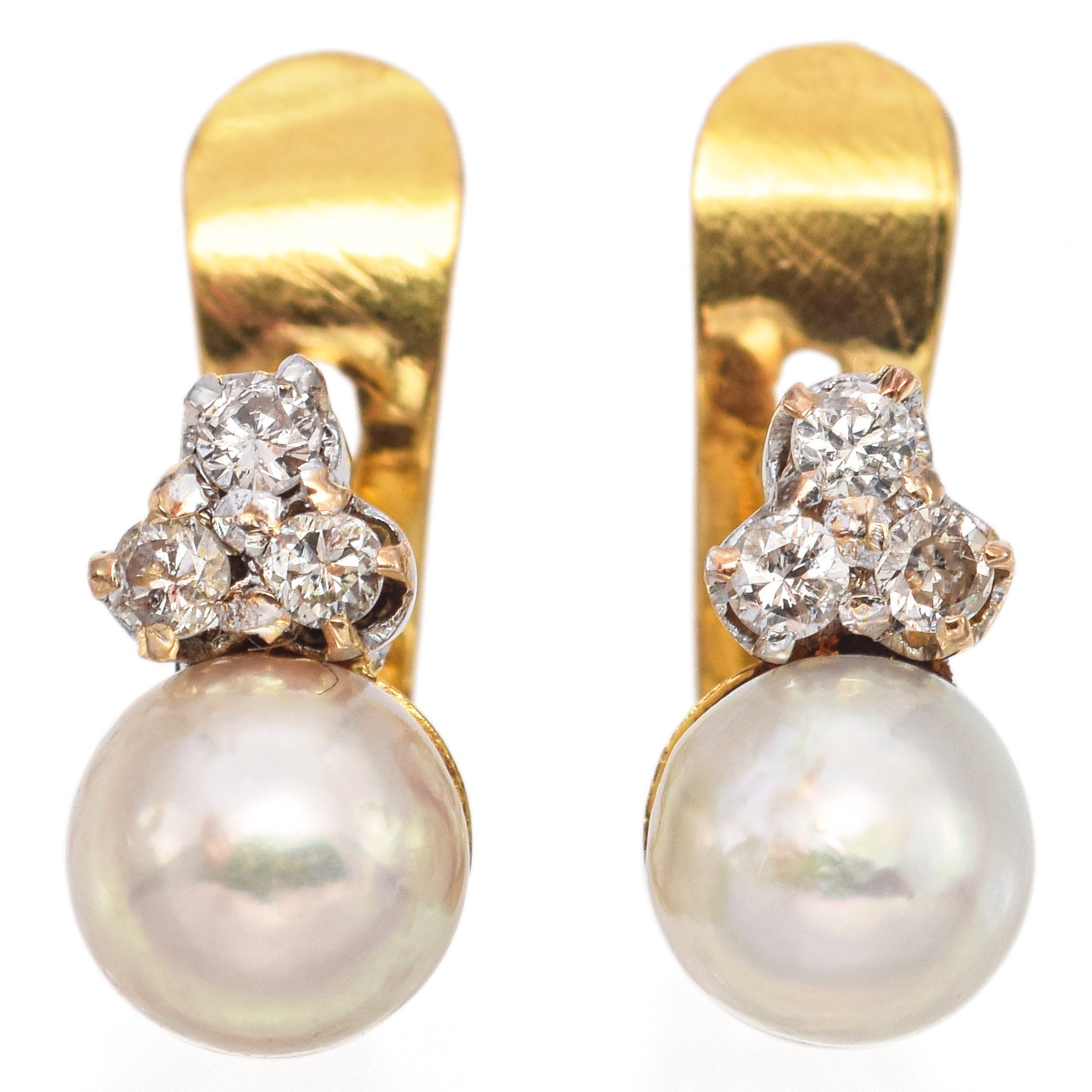 Vintage Yellow Gold Pearl and Diamond Latch Back Earrings