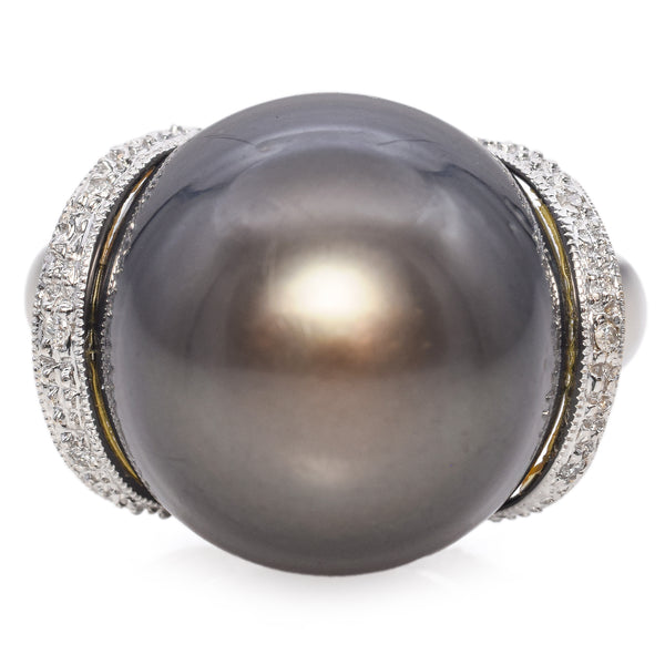 Estate 14K White Gold Tahitian South Sea Pearl and Diamond Band Ring Size 8