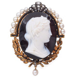 Antique 17K Gold Hardstone Cameo, Diamond, Pearl Sappho Poet Greek Brooch Pin