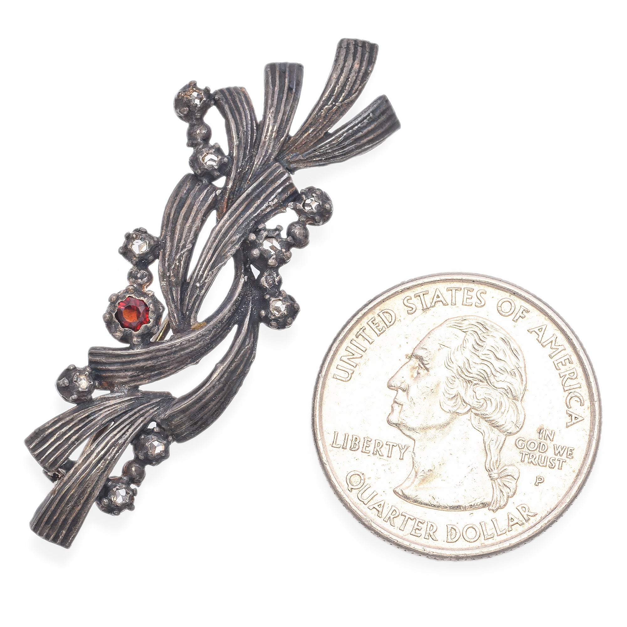 Antique French Sterling Silver Garnet & Rose Cut White Sapphire Brooch Pin