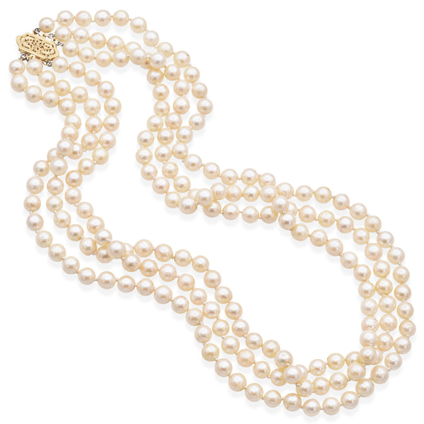 Vintage 14K Yellow Gold Triple Strand Pearl Necklace