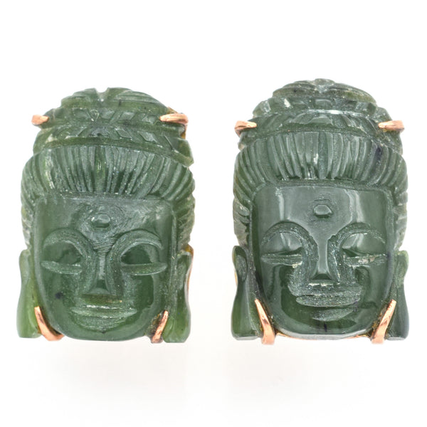 Vintage 14K Yellow Gold Green Jade Carved Buddha Screw-Back Earrings