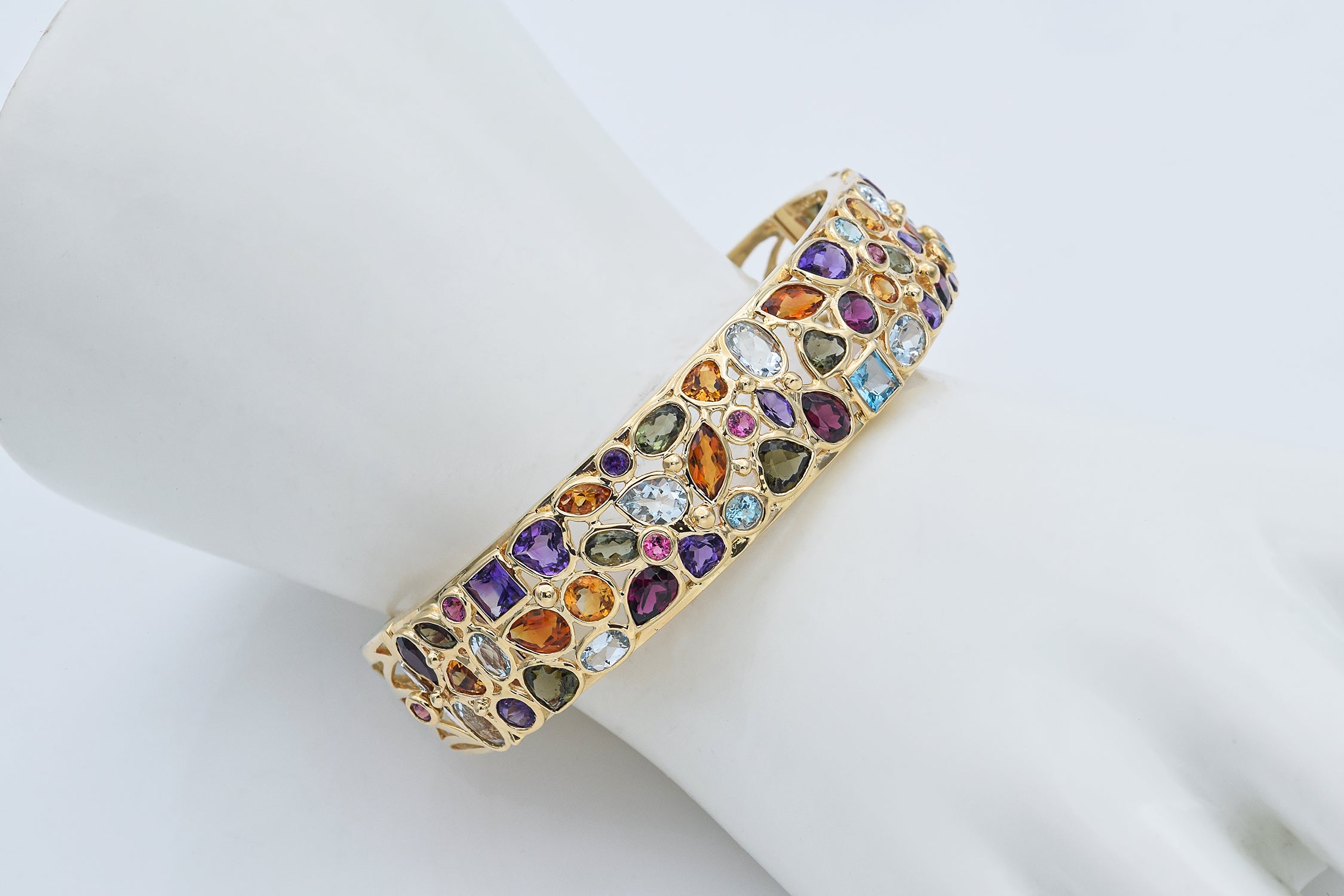 Estate JCR Signed Multi-Gemstone 14K Yellow Gold Hinged Bangle Bracelet