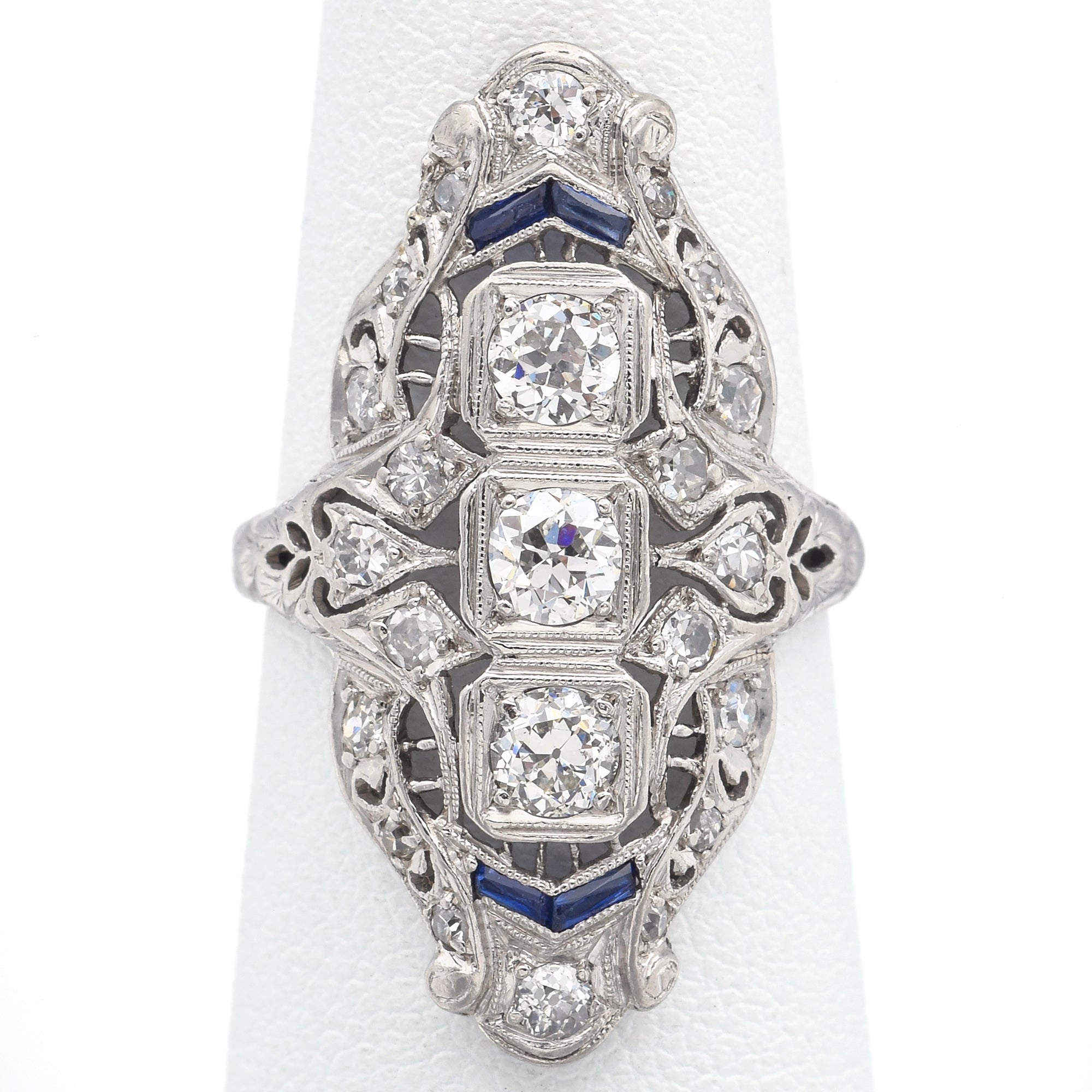 Antique Art Deco Platinum 1.07 TCW Diamond & Sapphire Ring Size 5.5