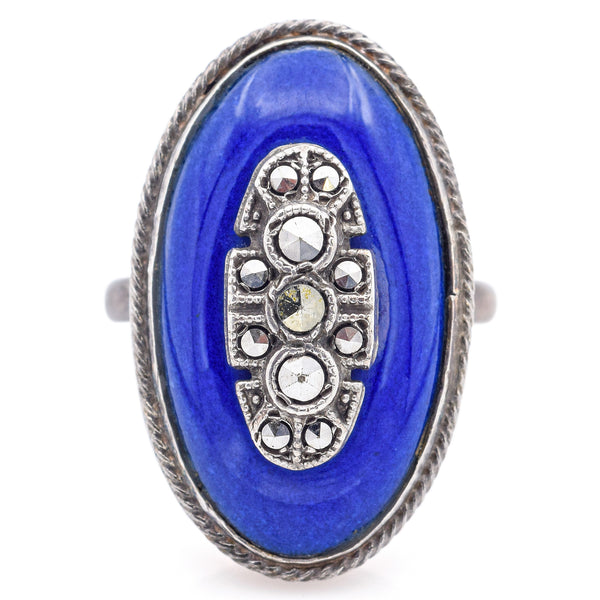 Antique Edwardian Blue Enamel Sterling Silver Marcasite Cocktail Ring Size 4.5