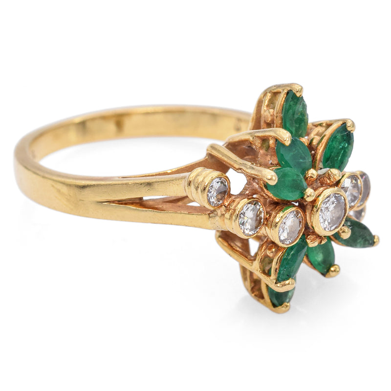 Vintage 18K Yellow Gold Emerald and Diamond Cocktail Ring