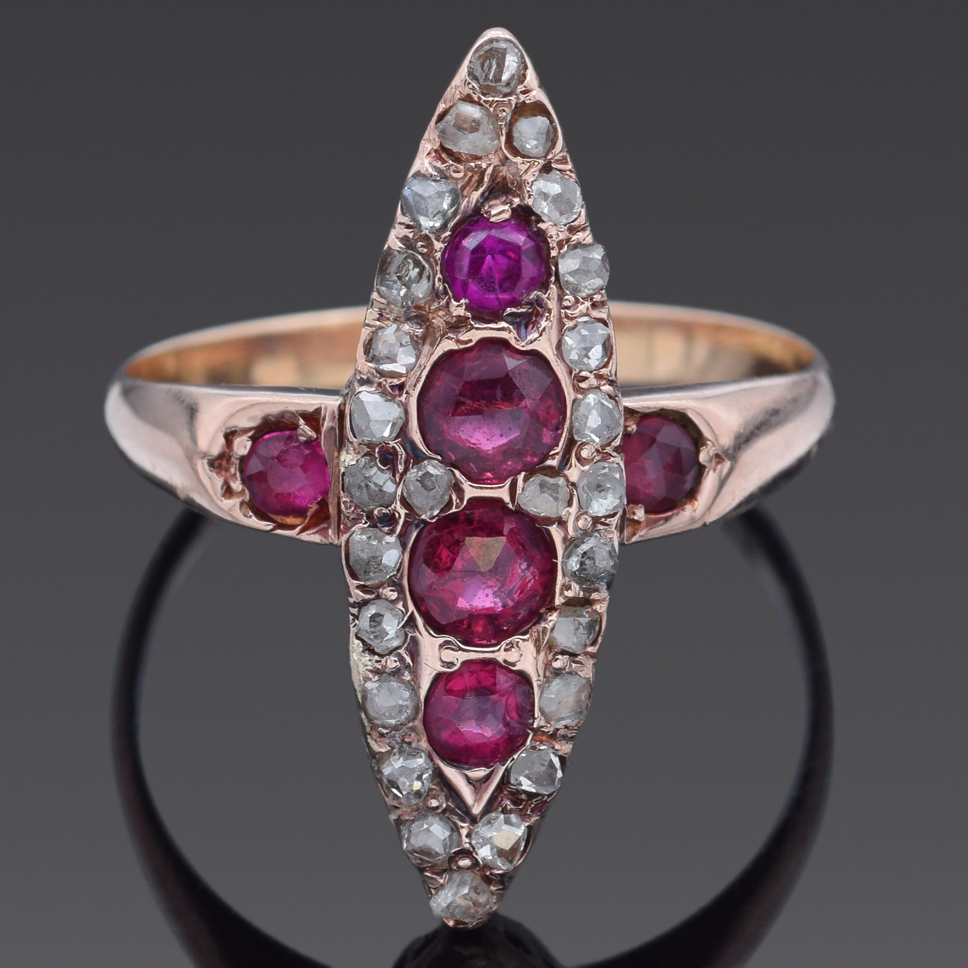 Antique Ruby & 0.39 TCW Rose Cut Diamond 14K Yellow Gold Cocktail Ring Size 6.5