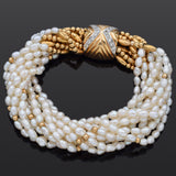 Vintage Pearl & Diamond 14K Yellow Gold Multi-Strand Bracelet