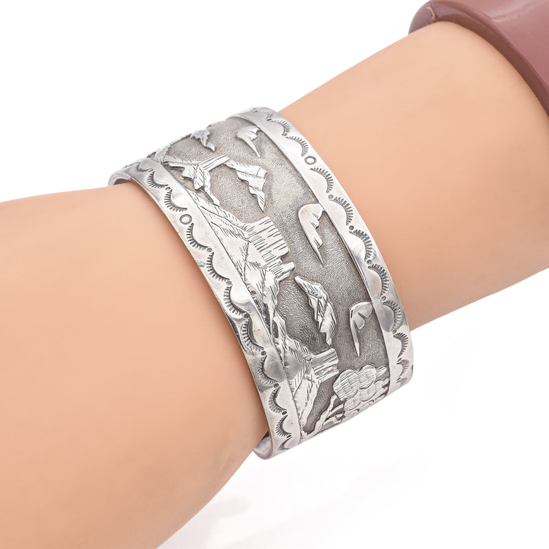 Vintage Sterling Silver Storyteller Southwestern Cuff Bracelet