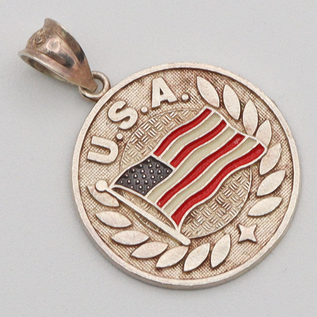 Vintage 925 Sterling Silver Enamel USA American Flag Disk Charm Pendant