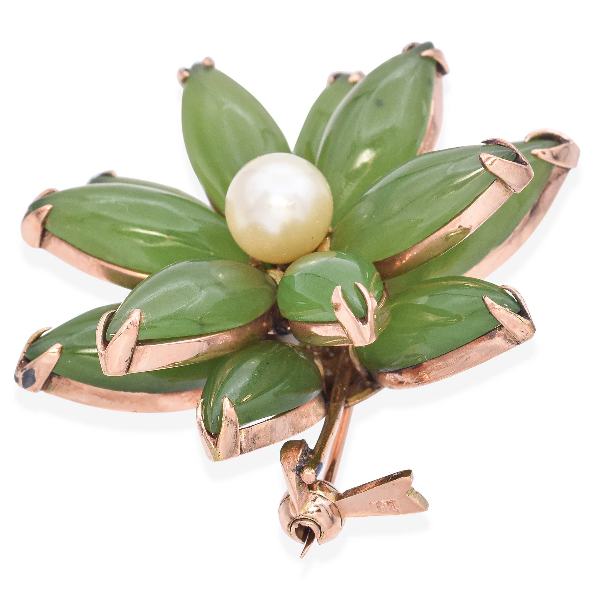 Vintage Yellow Gold Green Jade and Pearl Flower Brooch